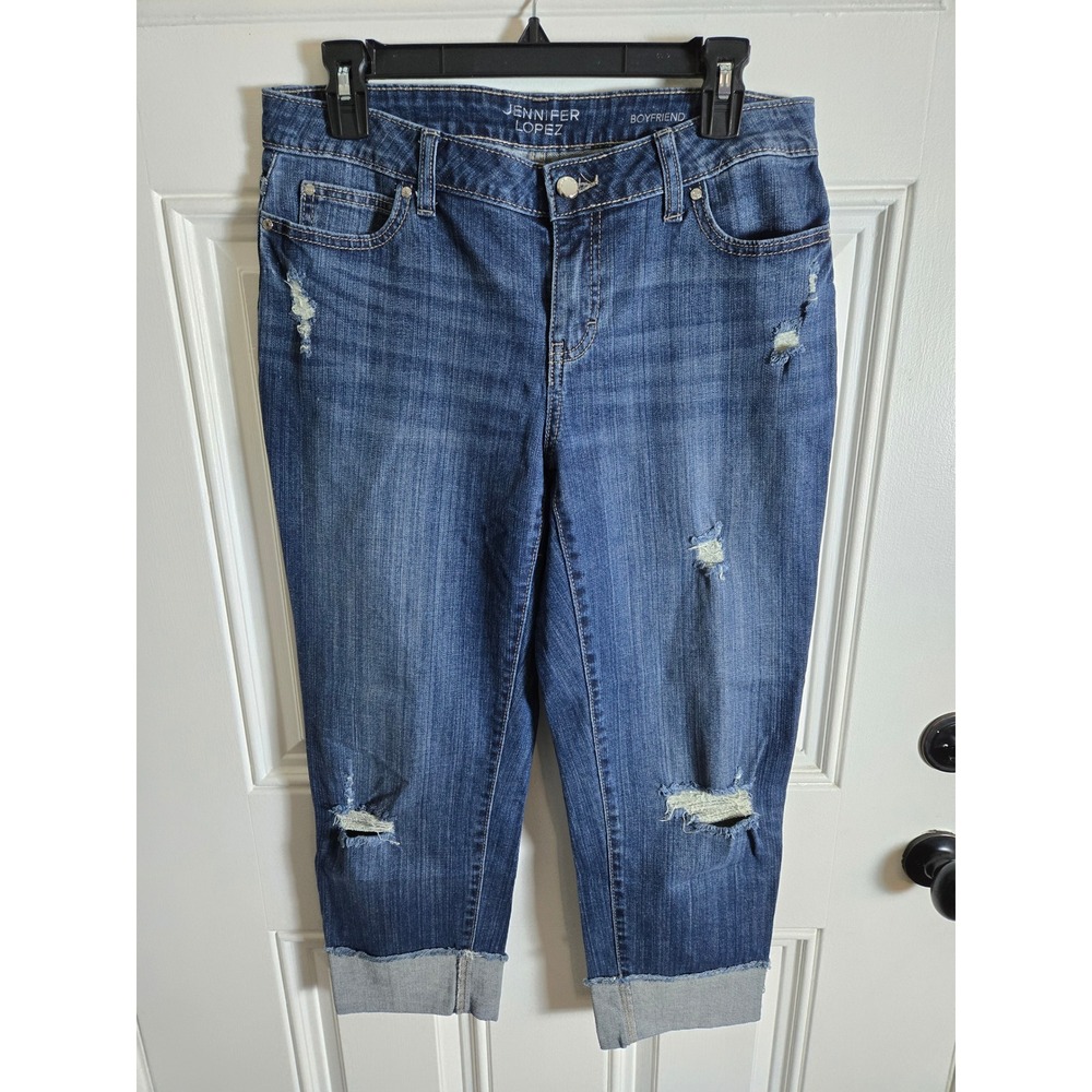 Jennifer Lopez JLO Womens Distressed Boyfriend Jeans Blue Cuffed Size 6 Cropped